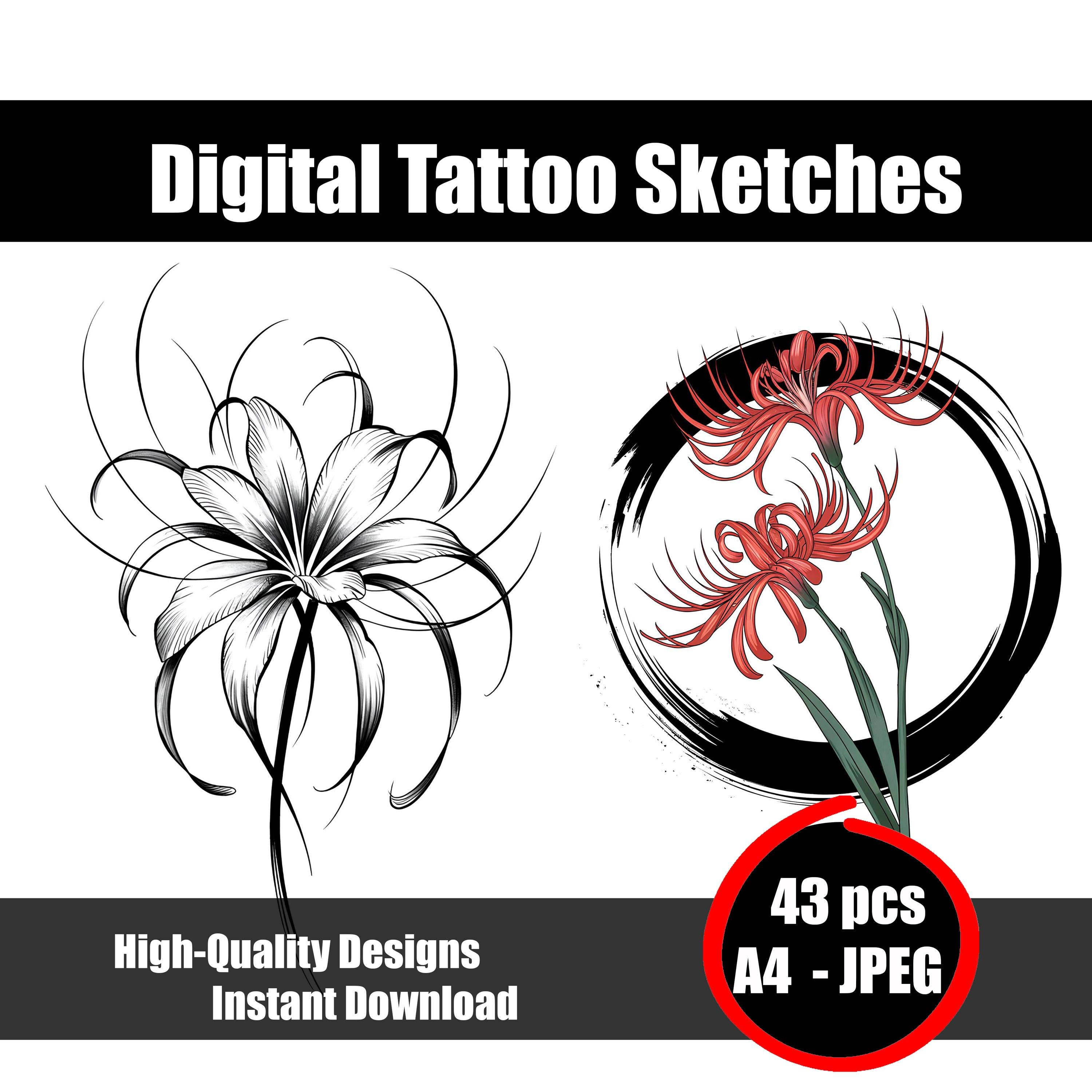 レッドスパイダーリリーのタトゥースケッチ - ブラックワークの花の