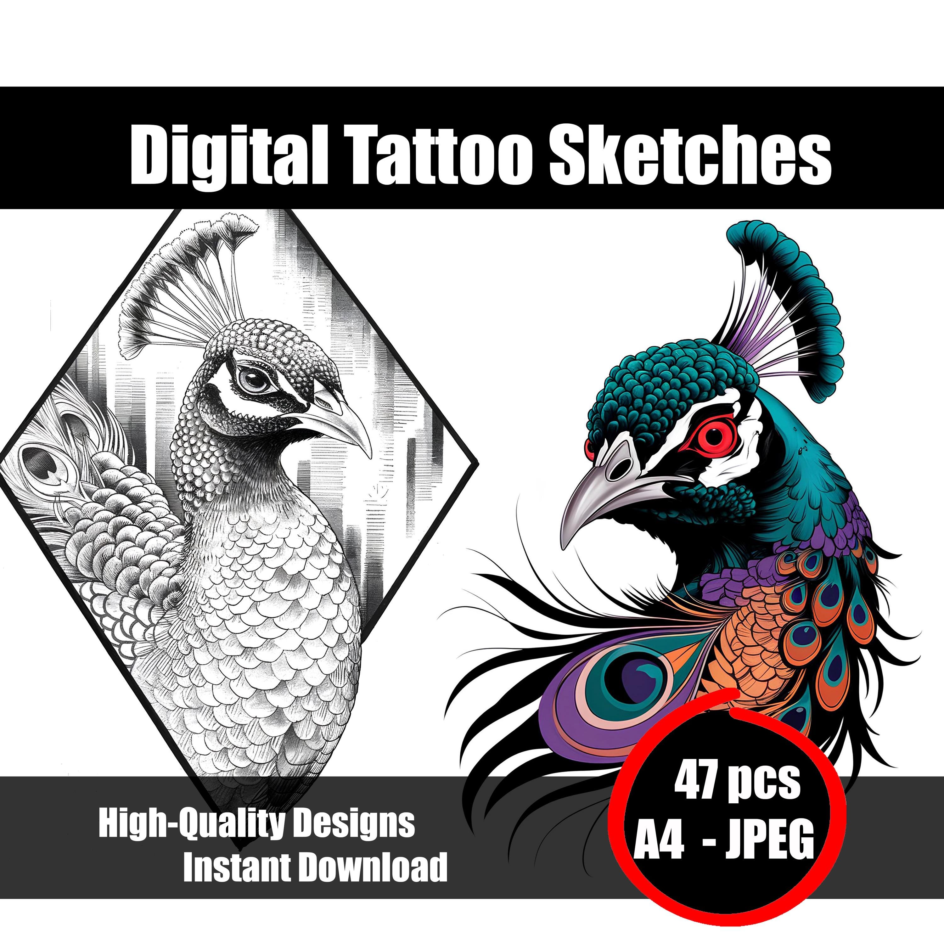 Pauw tattoo schets - elegant vogel tattoo ontwerp, minimalistische  lijnkunst, prachtige veer inkt tekening, printbaar tattoo idee - Etsy België, image size:3000x3000