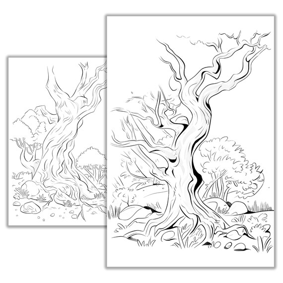 木のぬり絵 – 子供と大人向けの自然のぬり絵、森、葉、リラックス 