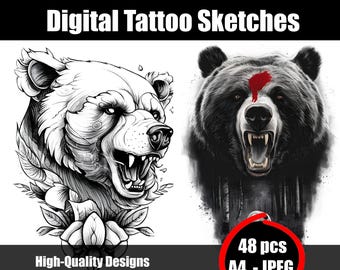 Bear Tattoo Sketch - Wild Animal Line Art Design - Majestic Bear Flash Drawing - Nature Ink Art - Wildlife Tattoo Printable