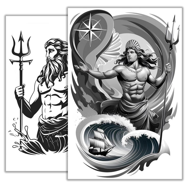 Poseidon Tattoo Sketch – Greek God of the Sea Line Art, Mythology ...