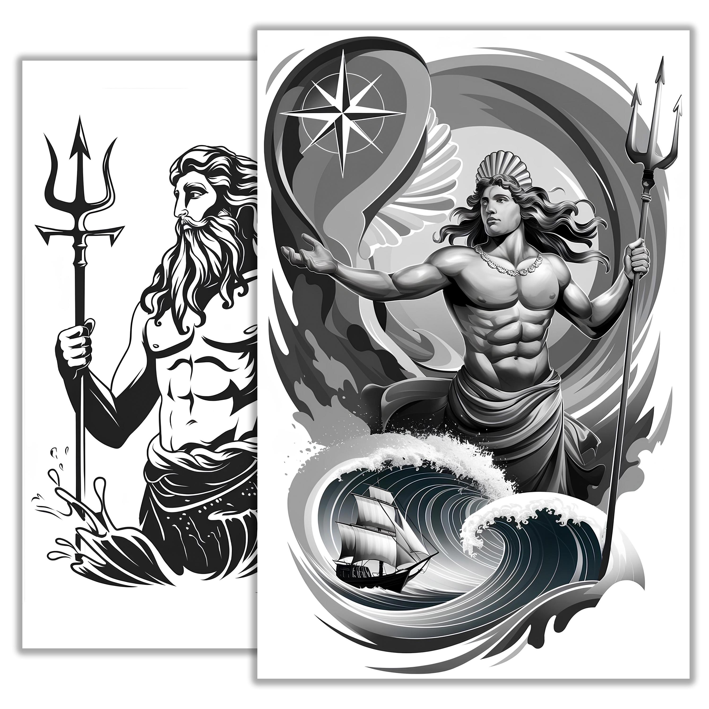 Poseidon Tattoo Sketch – Greek God of the Sea Line Art, Mythology ...