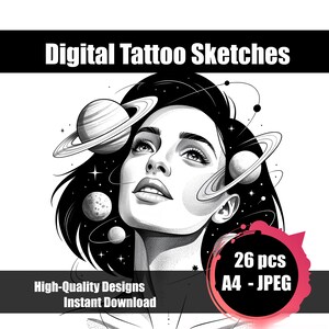 Figure in Space Tattoo Sketch – Surreal Astronaut Line Art Tattoo Design, Cosmic Fine Line Drawing, Printable Tattoo Flash, Digital Download