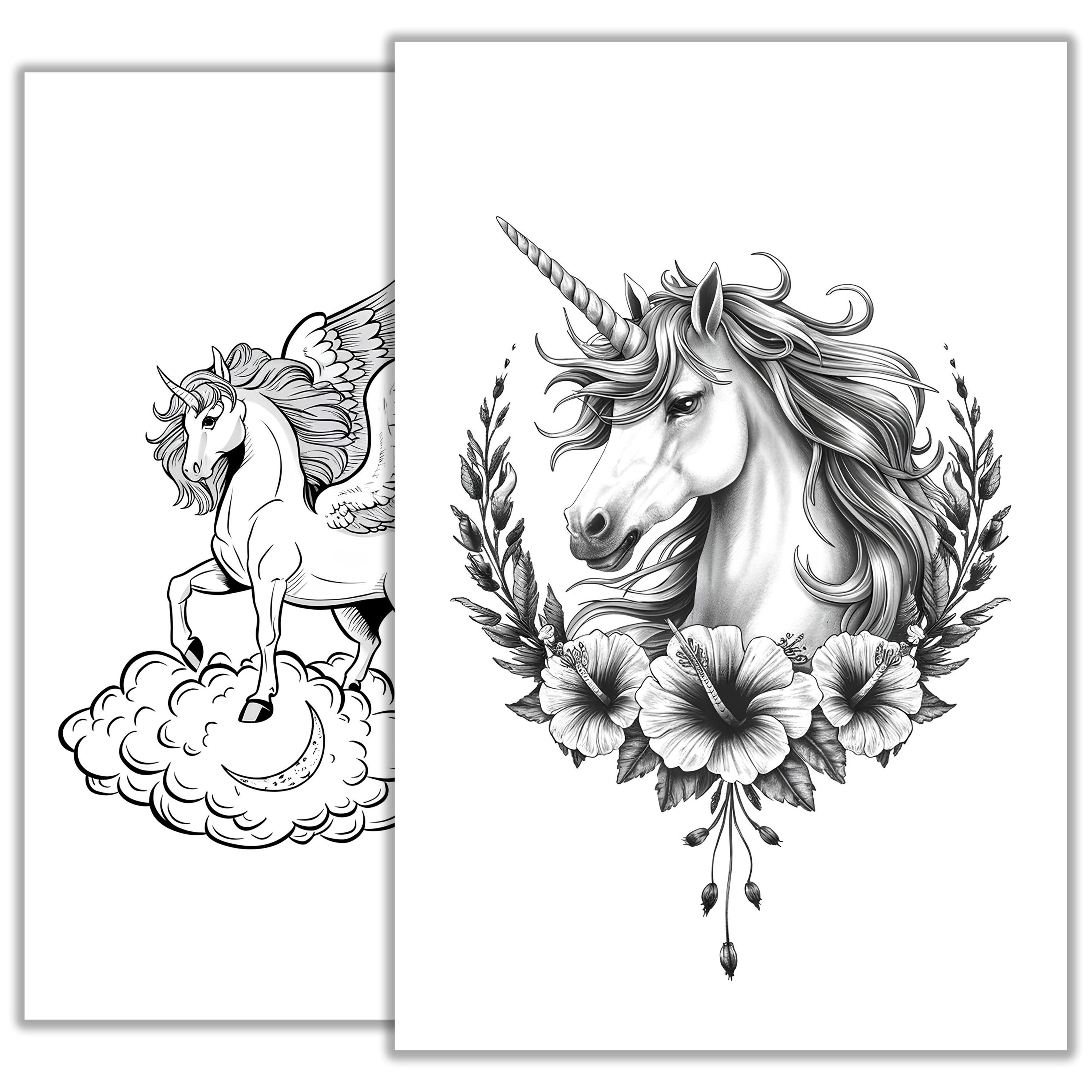 ユニコーンタトゥースケッチ – 魔法のタトゥーフラッシュアート、デジタルダウンロード |  すぐに印刷できるタトゥーのアイデアのためのエレガントな黒インクデザイン - Etsy 日本, image size:3000x3000