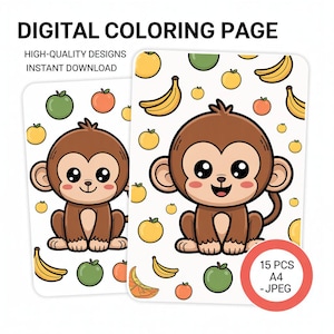 Página para colorear de monos: adorables animales imprimibles para niños y adultos, fauna de la selva, divertido arte DIY, lámina con ilustraciones relajantes de monos
