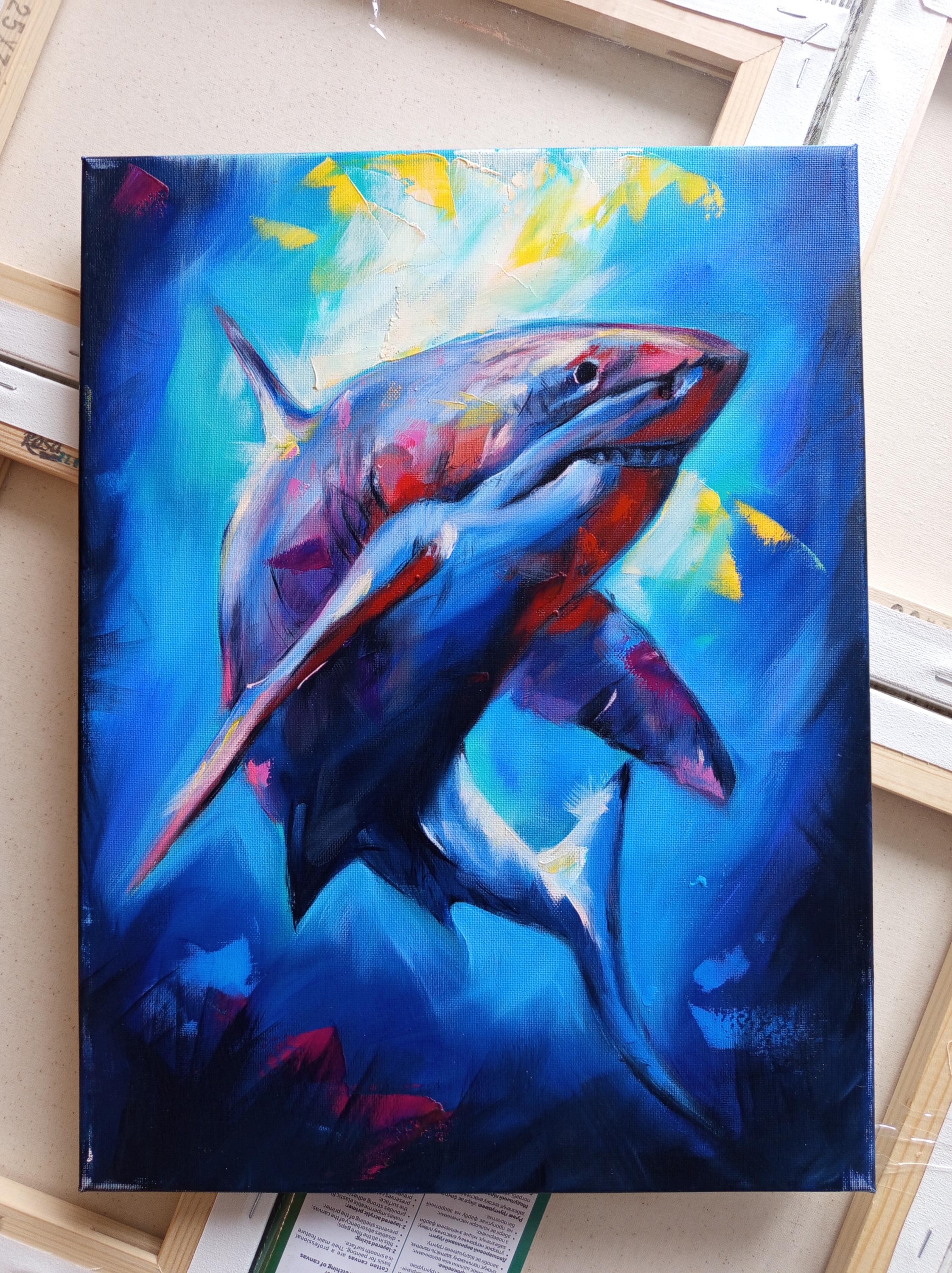 サメの油絵 - 海の野生動物のウォールアート、海洋生物のキャンバス