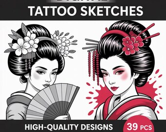 芸者のタトゥースケッチ – 伝統的な日本のタトゥーフラッシュアート