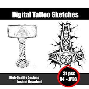 Mjolnir Tattoo Sketch – Thor's Hammer Norse Mythology Design, Viking Symbol Line Art, Printable Tattoo Flash, Digital Download