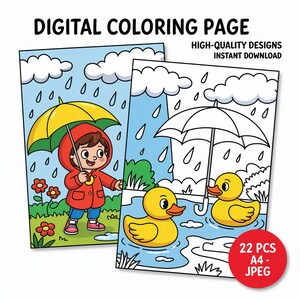 Rain Coloring Page – Weather Printable for Kids & Adults, Umbrellas, Raindrops, Relaxing DIY Art, Fun Stormy Day Coloring Sheet