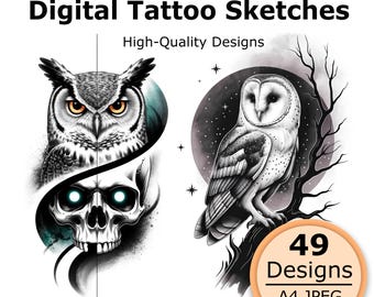 Owl Tattoo Flash Bundle, Mystic Bird Tattoo Design, Skull Floral Owl Stencil JPEG, Neo Traditional Tattoo Art, Procreate Flash Template