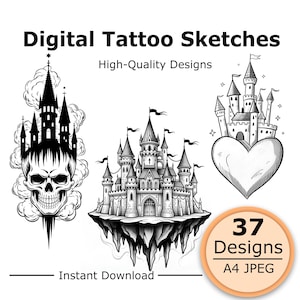 Può includere: Digital Tattoo Sketches High-Quality Designs. Tre illustrazioni in bianco e nero: un castello sopra un teschio, un castello fluttuante e un castello su un cuore. Un badge circolare mostra 37 Designs A4 JPEG. Il testo recita Instant Download.