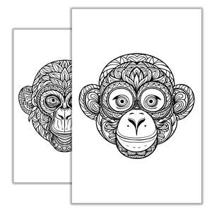 May include: Two black and white line drawings of monkey faces with intricate patterns. The monkey faces are drawn in a detailed, ornate style.