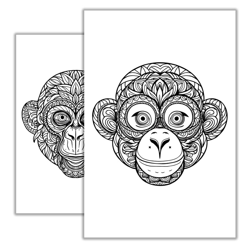 May include: Two black and white line drawings of monkey faces with intricate patterns. The monkey faces are drawn in a detailed, ornate style.