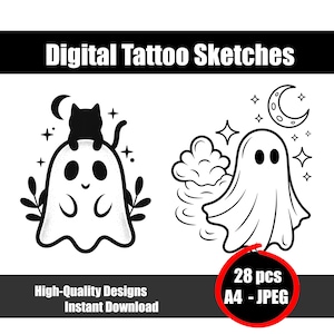 Op de afbeelding: Digitale tattoo schetsen met twee spookontwerpen in zwart en wit. Eén spook heeft een kat erop, de andere een wolk. De afbeelding bevat sterren, een halve maan en de tekst "High-Quality Designs Instant Download" en "28 pcs A4 - JPEG".