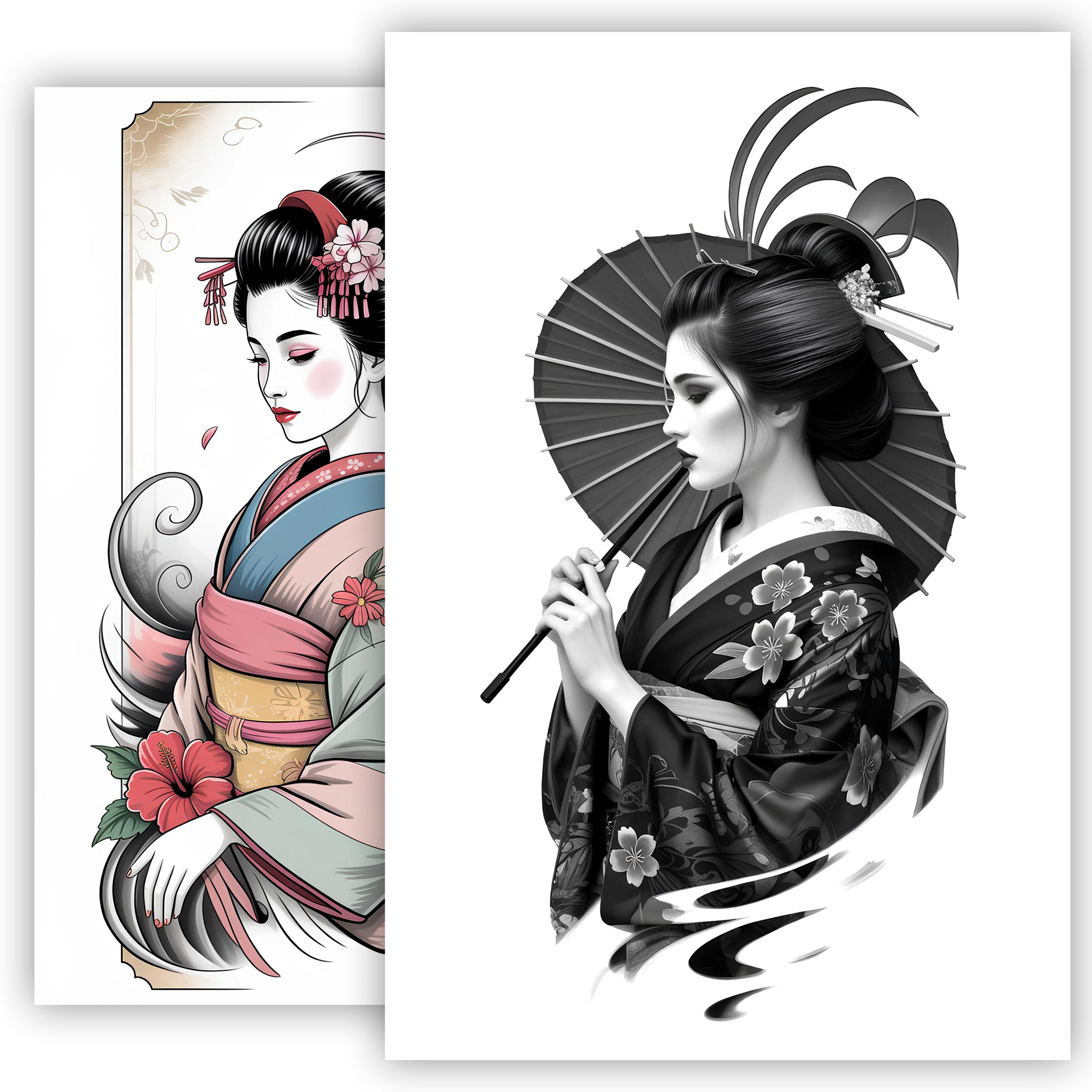 芸者のタトゥースケッチ – 伝統的な日本のタトゥーフラッシュアート