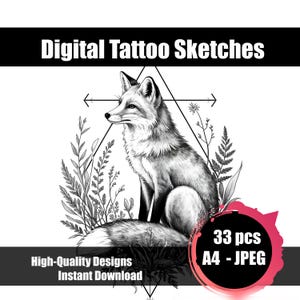 Schizzo di tatuaggio di volpe 2 - Disegno minimalista di tatuaggio di volpe, tatuaggio flash di animali con linee sottili, tatuaggio di animali selvatici della foresta, download digitale