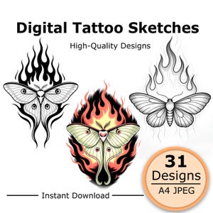 May include: Digital tattoo sketches featuring three moth illustrations with flame motifs. Two moths are black and white line art, while the center moth is colored in pale yellow and red. Text includes Digital Tattoo Sketches, High-Quality Designs, 31 Designs, A4 JPEG, and Instant Download.