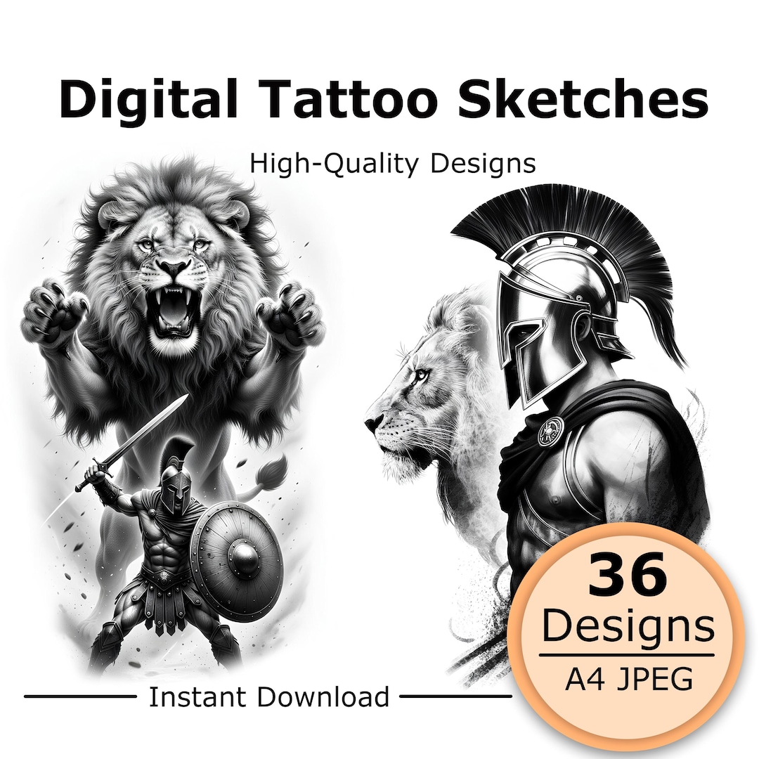 Lion and Warrior Tattoo Sketch, Spartan Warrior With Lion Line Art ...