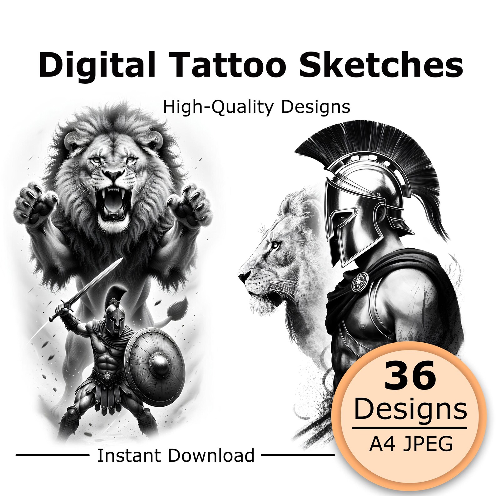 Lion and Warrior Tattoo Sketch, Spartan Warrior With Lion Line Art ...