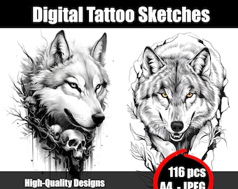 Wolf Tattoo Sketch – Wild Animal Tattoo Flash Art, Digital Download | Bold Black Ink Design for Instant Printable Tattoo Ideas