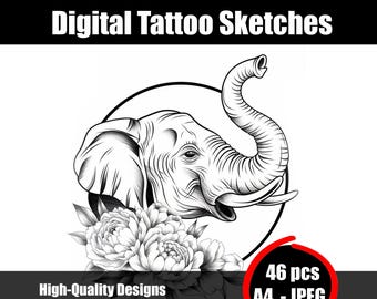 象の装飾的な線画イラスト 象の曼荼羅タトゥースケッチ - スピリチュアルな線画、装飾的な象の