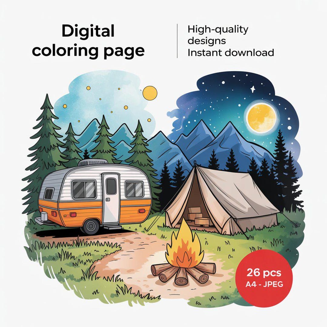 キャンプの塗り絵 – アウトドアアドベンチャー、テントやキャンプファイヤーのアクティビティシート、子供と大人向けの自然塗り絵 - Etsy 日本, image size:1080x1080