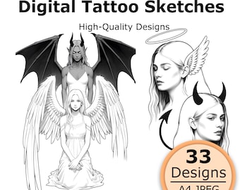 Könnte beinhalten: Digitale Tattoo-Skizzen mit schwarz-weißen Illustrationen von Figuren mit Flügeln, Hörnern und Heiligenscheinen. Der Text lautet Digital Tattoo Sketches, High-Quality Designs, 33 Designs A4 JPEG und Instant Download. Es sind grafische Kunstentwürfe.