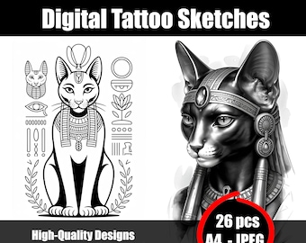 Bastet Tattoo Sketch #2 – Egyptian Cat Goddess Tattoo Design, Line Art, Mythology Tattoo Flash, Printable Digital Download