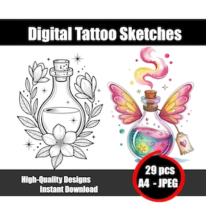 Potion Tattoo Sketch #2 – Magical Bottle Tattoo Design, Witchy Blackwork Flash Art, Digital Download for Mystic and Fantasy-Inspired Tattoos