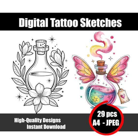 ポーションタトゥースケッチ #2 – 魔法瓶のタトゥーデザイン、魔女風
