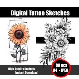 Sunflower Tattoo Sketch – Bright Floral Design, Botanical Line Art, Printable Tattoo Stencil, Nature Ink Drawing, Elegant Flower Artwork