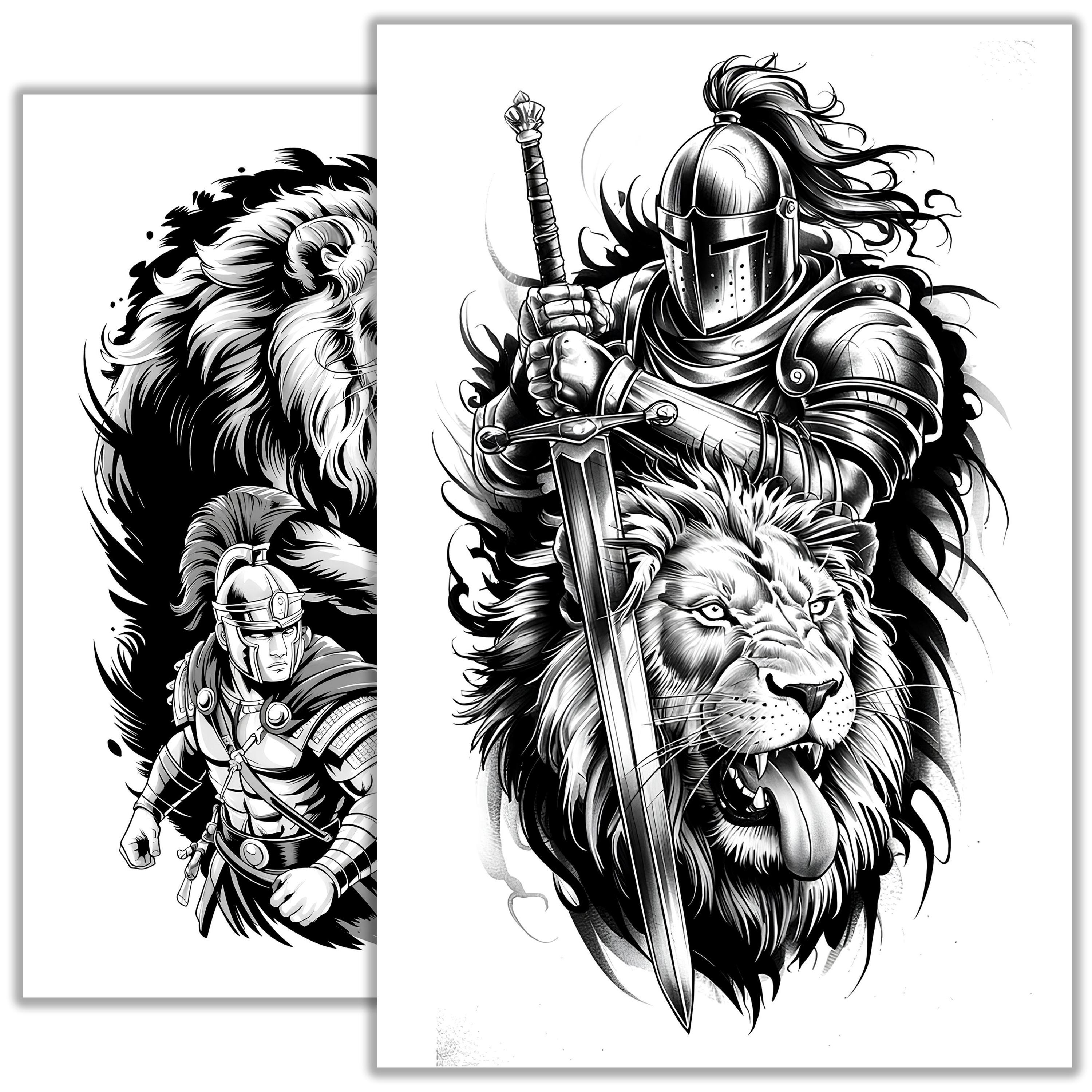 Lion and Warrior Tattoo Sketch - Mythical Line Art Design - Fierce ...