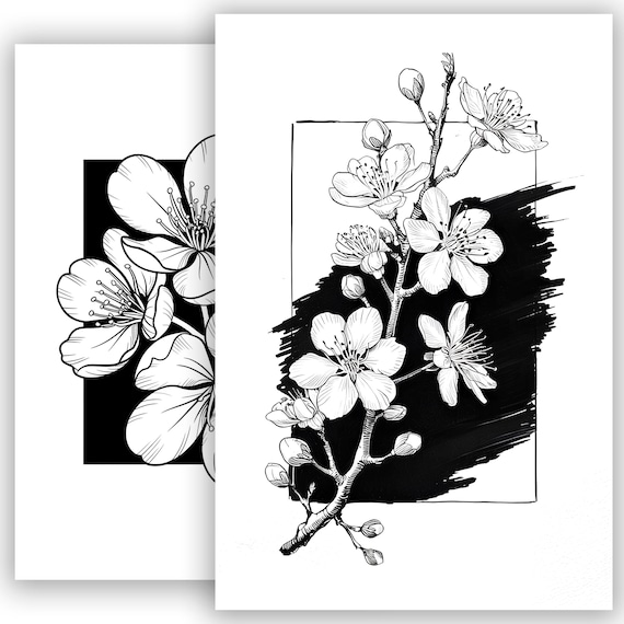 桜のタトゥースケッチ #2 | 桜のタトゥーデザイン | 日本の花の墨絵