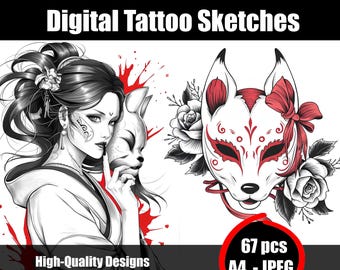 Kitsune Mask Tattoo Sketch – Japanese Fox Mask Tattoo Design, Yokai Tattoo Flash, Digital & Printable Line Art