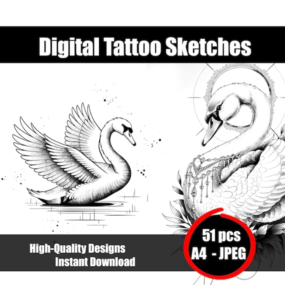 白鳥のタトゥーのスケッチ – エレガントな白黒の線画デザイン |優雅な