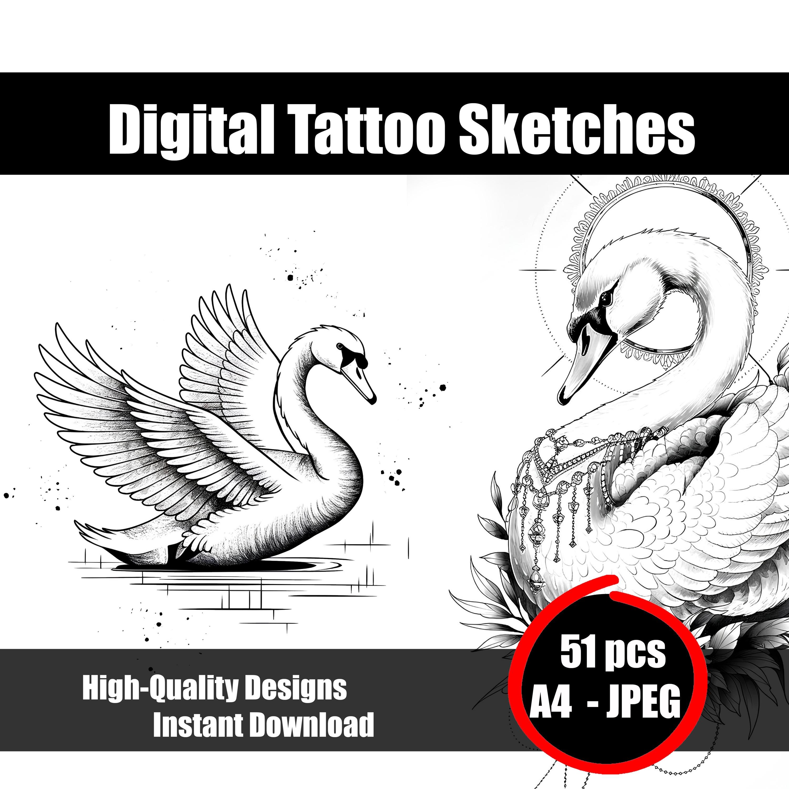 白鳥のタトゥーのスケッチ – エレガントな白黒の線画デザイン |優雅な