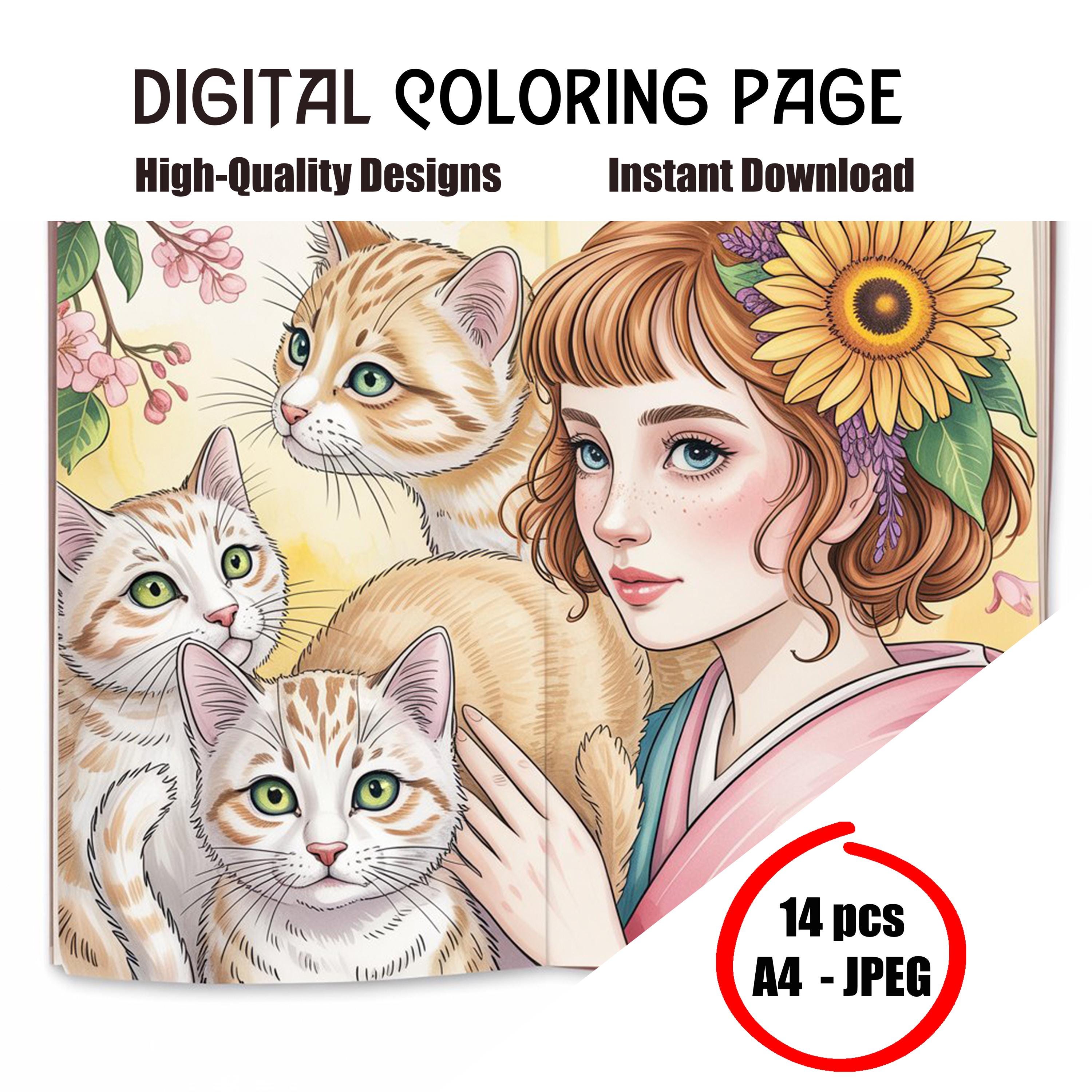 Girl with Cat Coloring Page – Cute Printable Coloring Sheet for Kids & Adults, Cozy Pet Friendship Art, Digital Download PDF