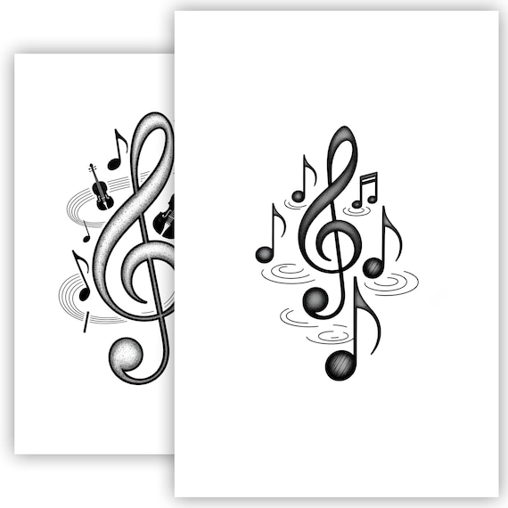 音符タトゥースケッチ – 音楽記号の線画、ミニマリストタトゥー