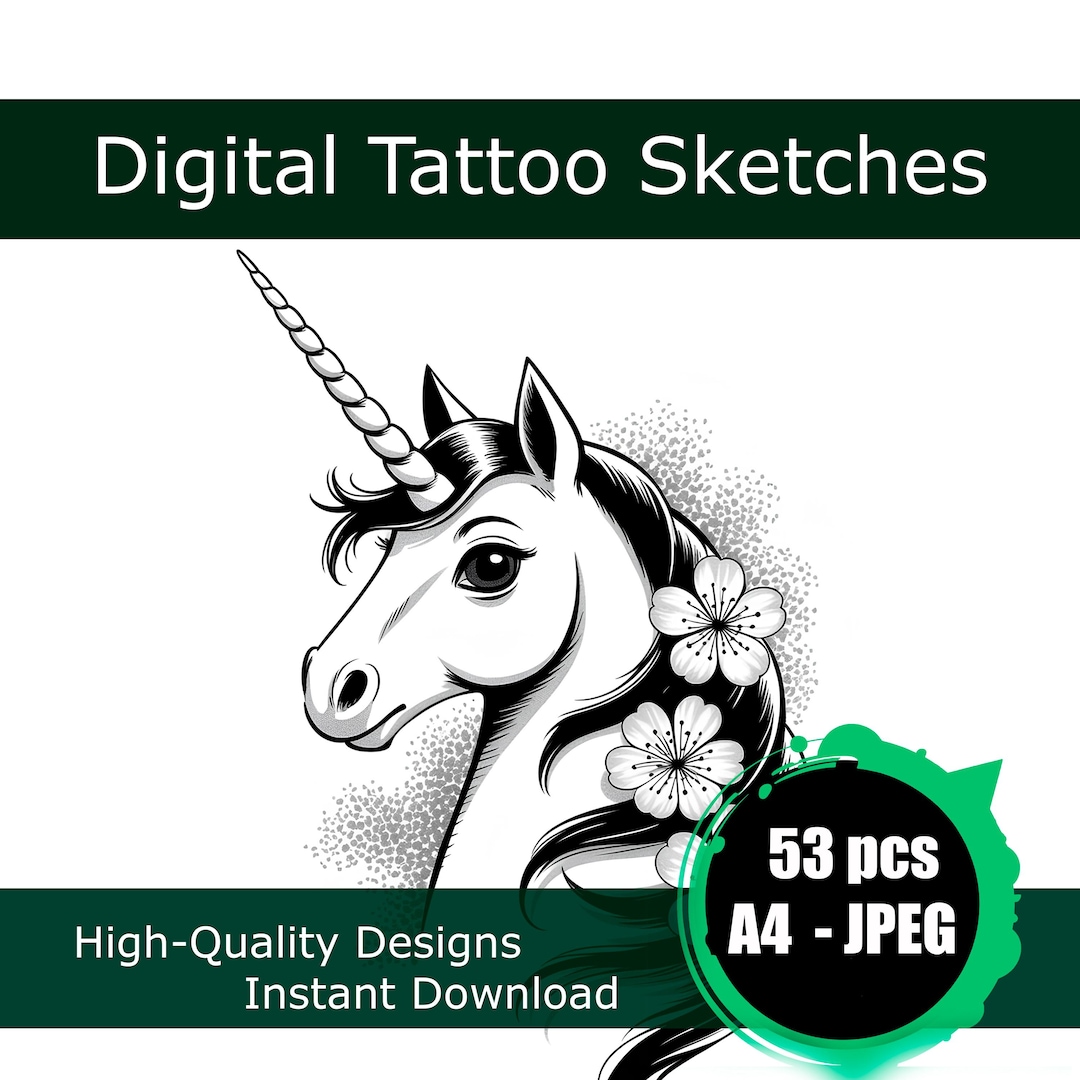 Unicorn Ink Unicorn Tattoo Sketch, Magical Unicorn Head Line Art Digital Download ...