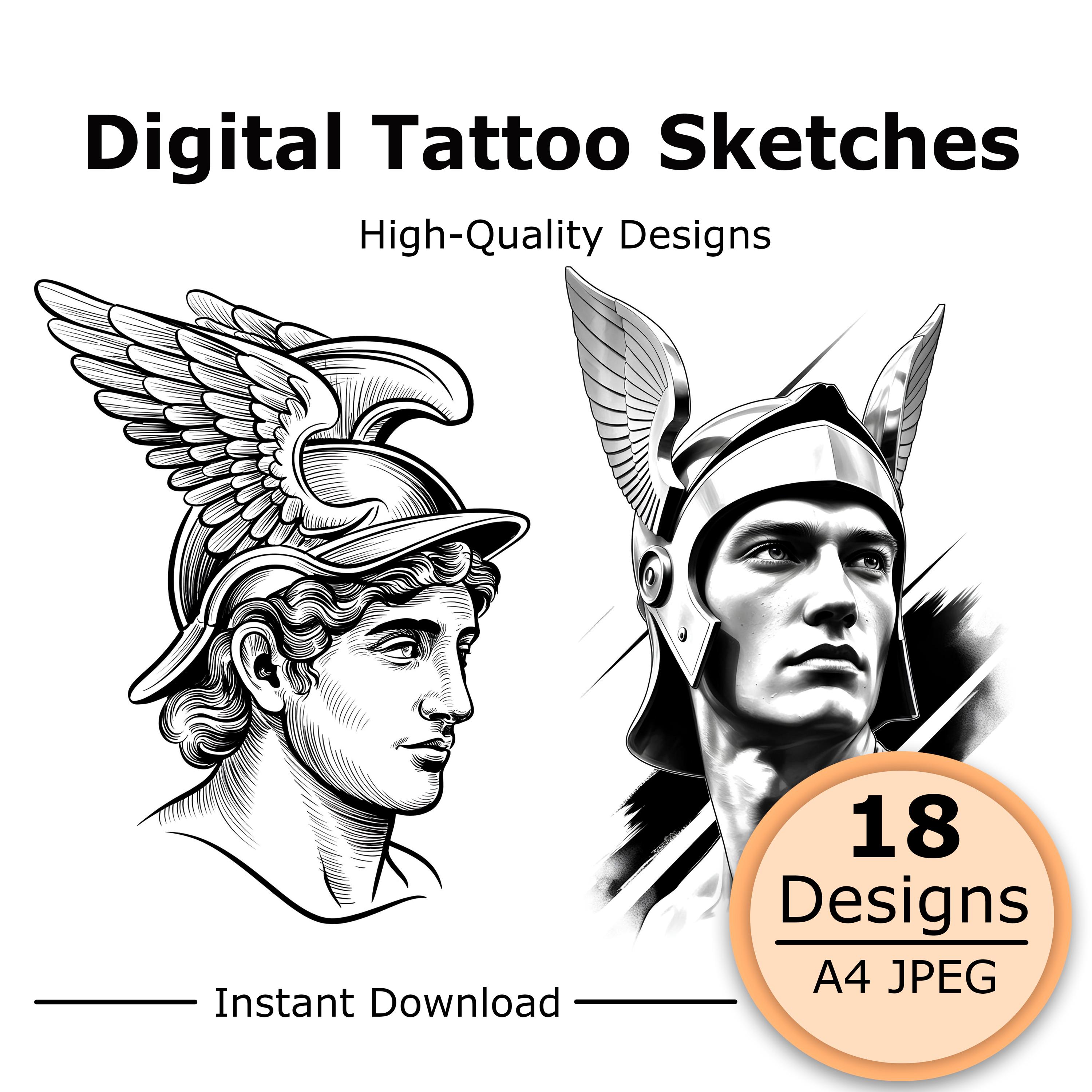 Greek God Hermes Tattoo, Hermes With Caduceus and Winged Helmet