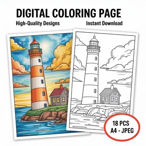 Dibujos para colorear de faros: hojas para colorear costeras imprimibles para niños y adultos. Libro de actividades de arte marino, oceánico y náutico. imagen 1