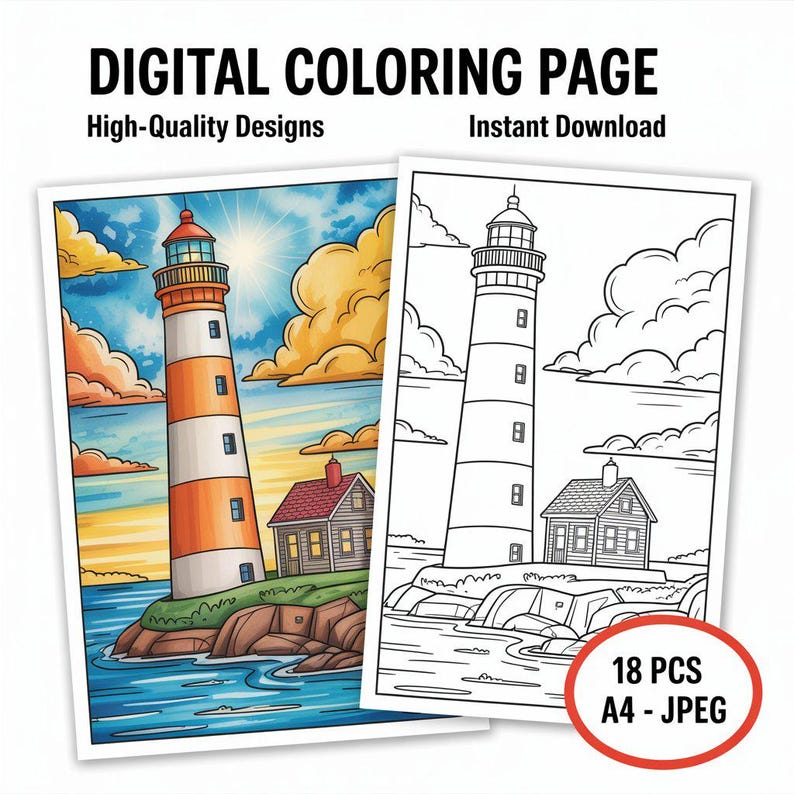 Dibujos para colorear de faros: hojas para colorear costeras imprimibles para niños y adultos. Libro de actividades de arte marino, oceánico y náutico. imagen 1
