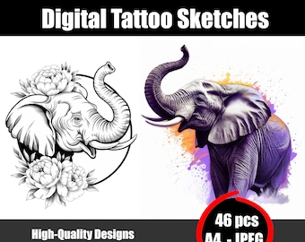 Elephant Tattoo Design – Detailed Line Art Elephant Tattoo Sketch, Boho Animal Tattoo, Printable & Digital Download