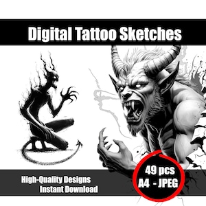 Demontatueringsskiss – Mörk fantasitatueringsdesign, gotisk djävulsbläckteckning, mytisk varelse linjekonst flash, utskrivbar tatueringsskiss