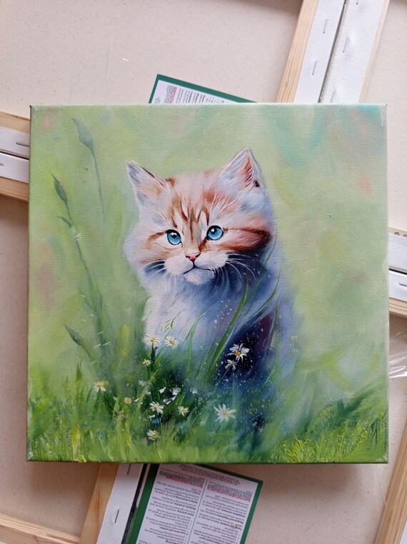 青い目の子猫 - キャンバスに描かれたオリジナル油絵、かわいい猫の壁
