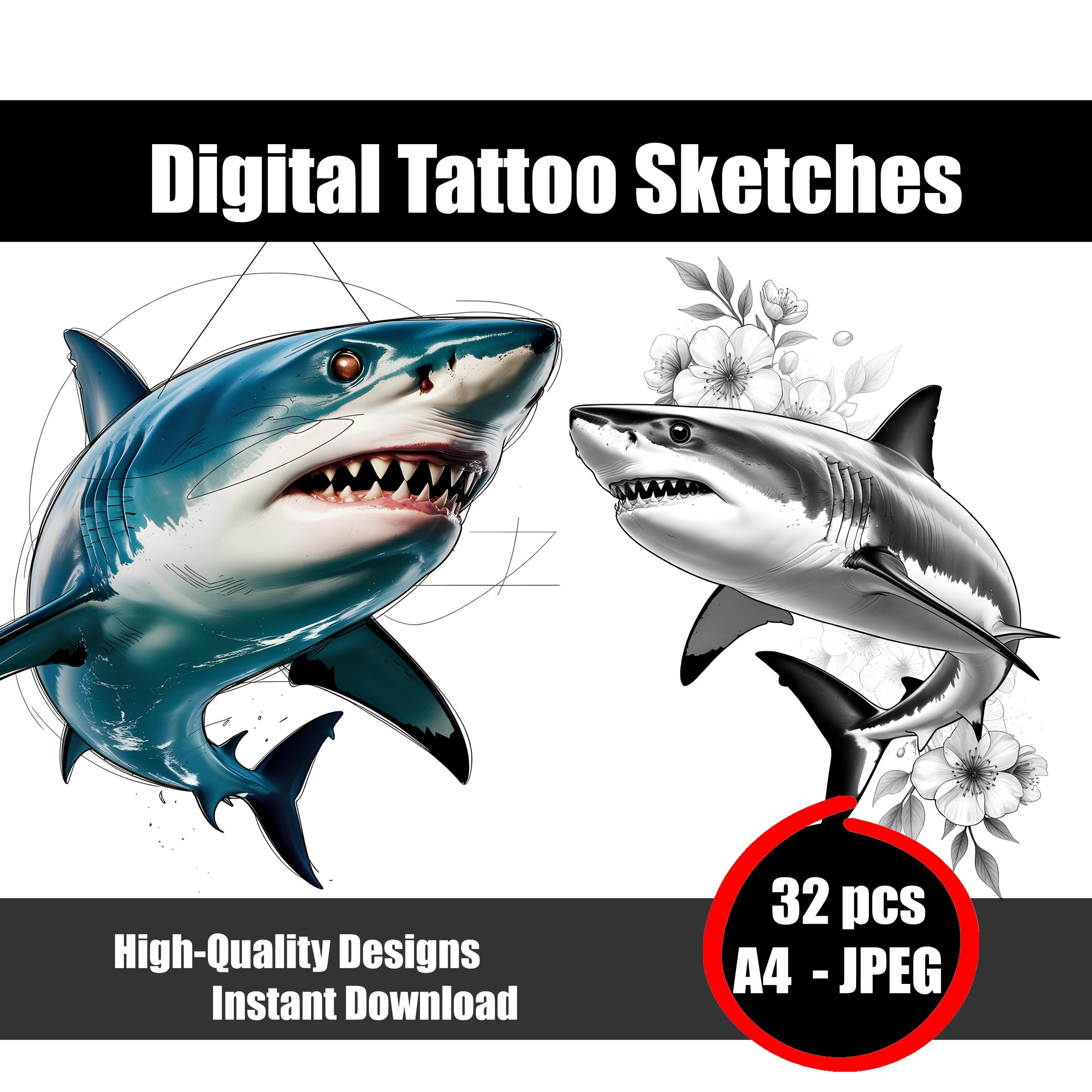 Shark Tattoo Sketch 2 – Ocean Predator Illustration, Marine Life