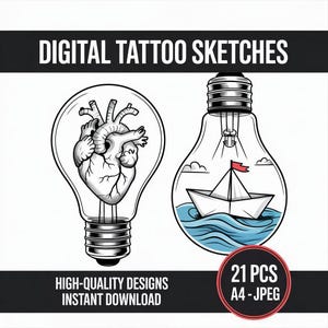 電球のタトゥースケッチ - ミニマリストラインアートデザイン、白黒のアイデアで創造性を刺激するタトゥー、ユニークでモダンなデジタルダウンロード