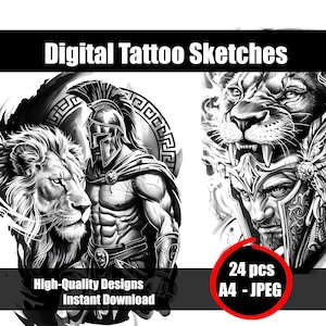 Boceto de tatuaje de león y guerrero - Diseño de arte lineal mítico - Dibujo flash de un animal feroz y un héroe - Arte de tinta audaz - Descarga instantánea e imprimible