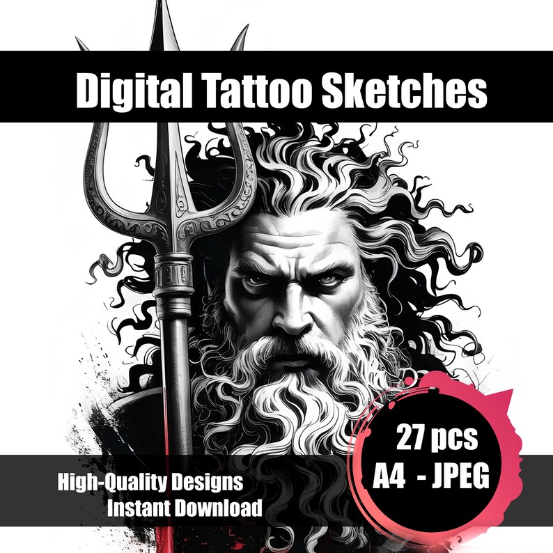 Poseidon Tattoo Sketch – Greek God of the Sea Tattoo Design, Mythology ...
