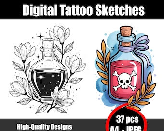 ポーションタトゥースケッチ3 - 魔法のボトルのイラスト、錬金術と魔術